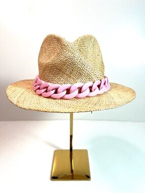 Eugenia Kim Woven Fedora Straw Hat Pink Chain
